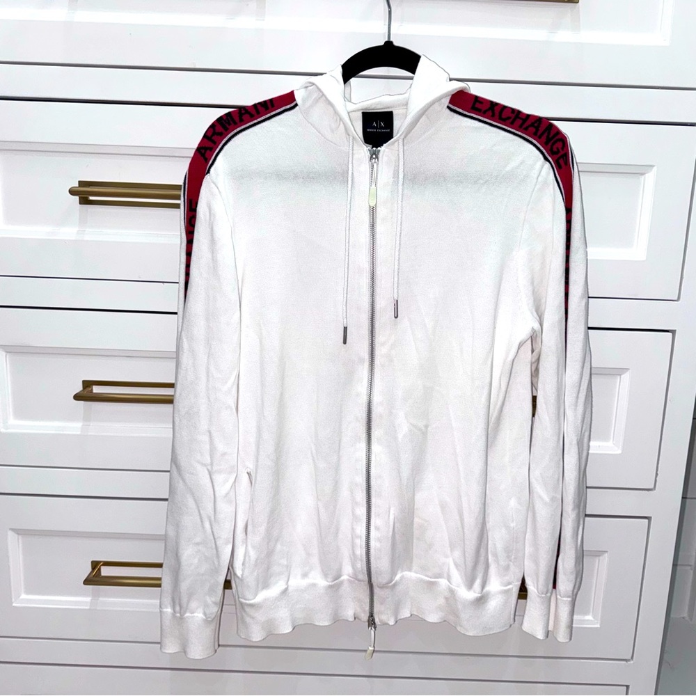 Armani Exchange Mens Zip Up Hoodie White & Red AX Arm Stripe Logo Sweater Medium